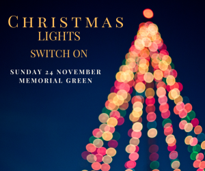 Picture of lit up Christmas tree with text of Christmas Lights Switch On on Sunday 24 November Memorial Green Newhaven